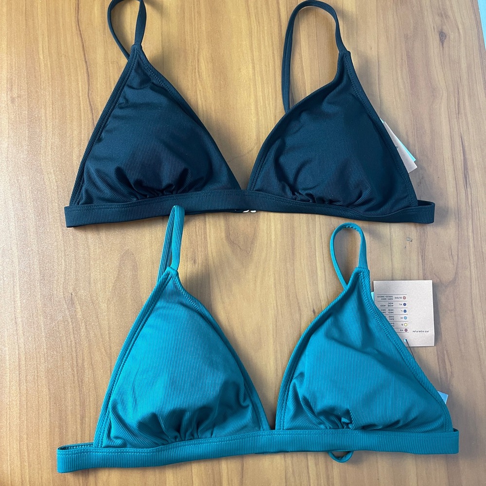 Lot of 2 Shade & Shore Ribbed Triangle Bikini Top Black & Teal Swimsuit Large